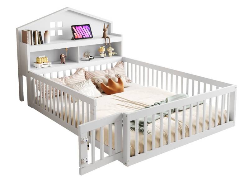 SeedWave Kinderbett Holzbett mit Kopfteil in Hausform und Tafel, 140 x 200 cm, Bodenständiges Kinderbett mit Zaun und Sicherheitsverschluss von SeedWave