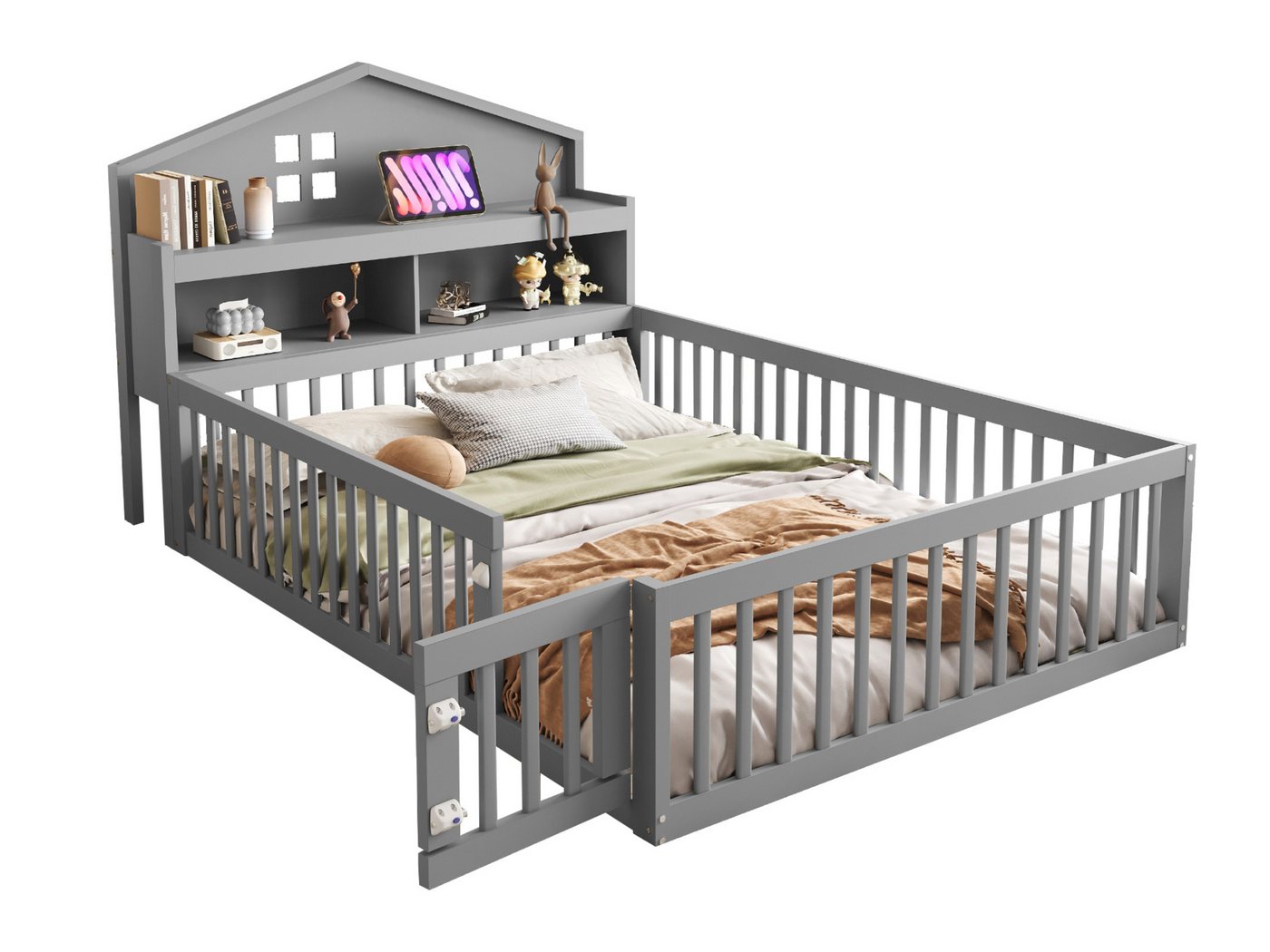 SeedWave Kinderbett Holzbett mit Kopfteil in Hausform und Tafel, 140 x 200 cm, Bodenständiges Kinderbett mit Zaun und Sicherheitsverschluss SeedWave Kinderbett Holzbett mit Kopfteil in Hausform und Tafel, 140 x 200 cm, Bodenständiges Kinderbett mit Zaun und Sicherheitsverschluss von SeedWave