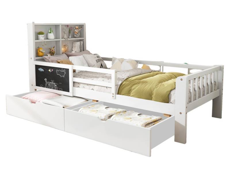 SeedWave Kinderbett mit Tafel, Massivholzbett mit Schubladen und Ablagefach, Schutzgeländer,Skandinavischer Stil,90 x 200 cm,Weiß von SeedWave