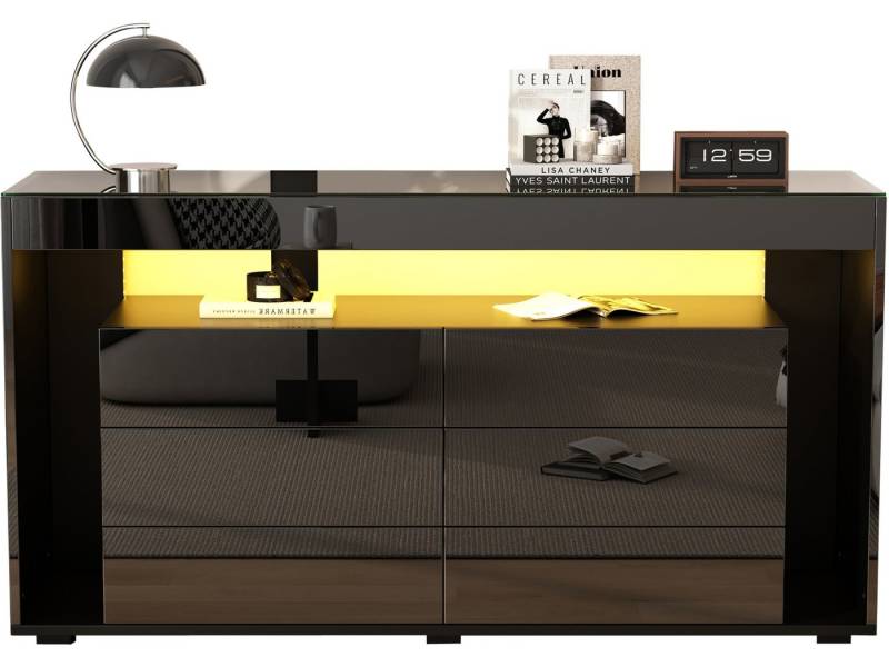 SeedWave Kommode Moderne LED Hochglanz-Sideboard mit Glas-Tischplatte, Viel Stauraum, 1 offenes Fach, 6 Schubladen, Rückprallstellsetzung, Kippschutz-Set von SeedWave