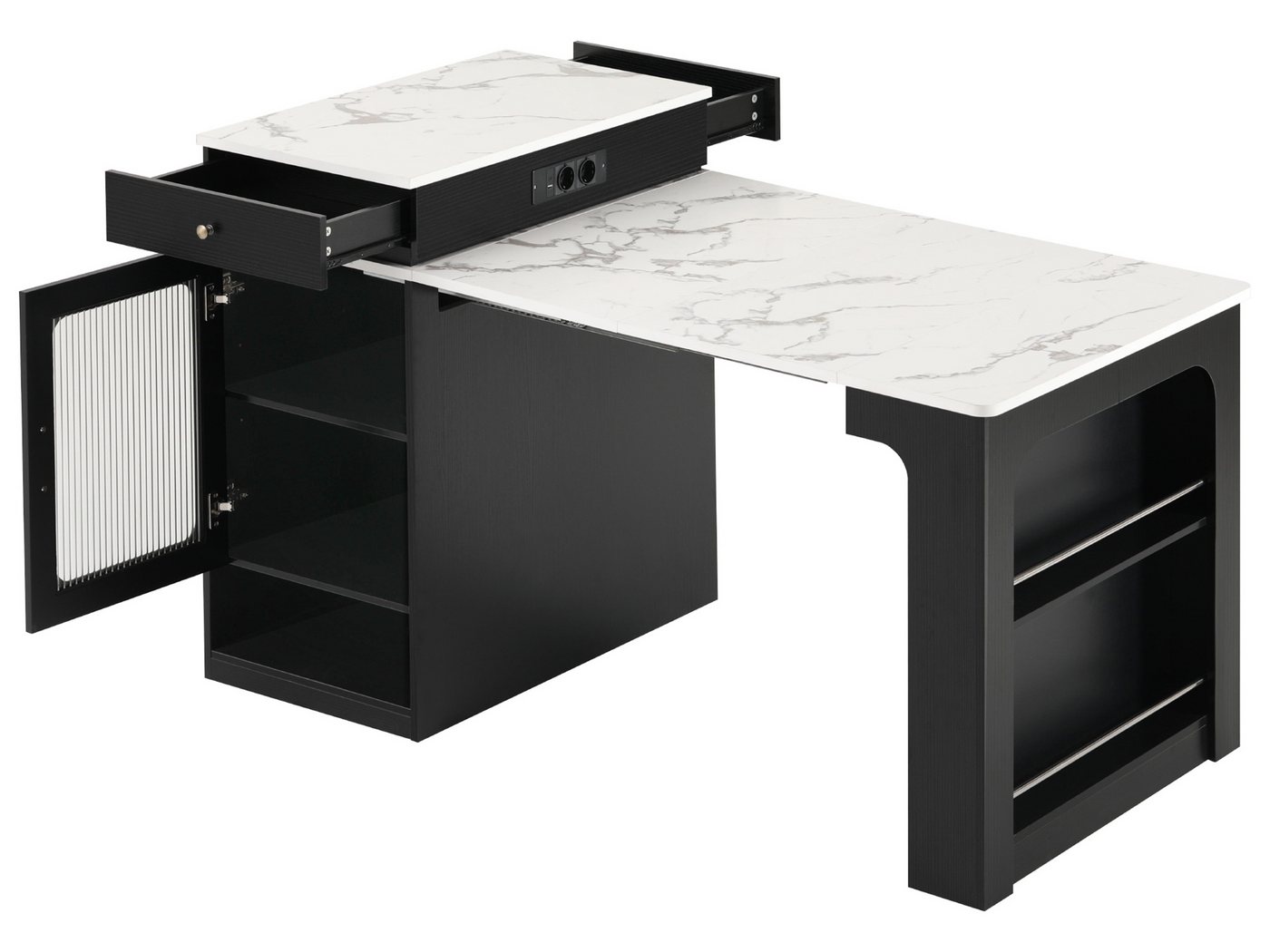 SeedWave Kücheninsel Allzweck Küchenschrank mit Ausziebarem Esstisch, Ladefunktion, 2 Schubladen, Ablagefächer mit höhenverstellbare Einlegeböden von SeedWave