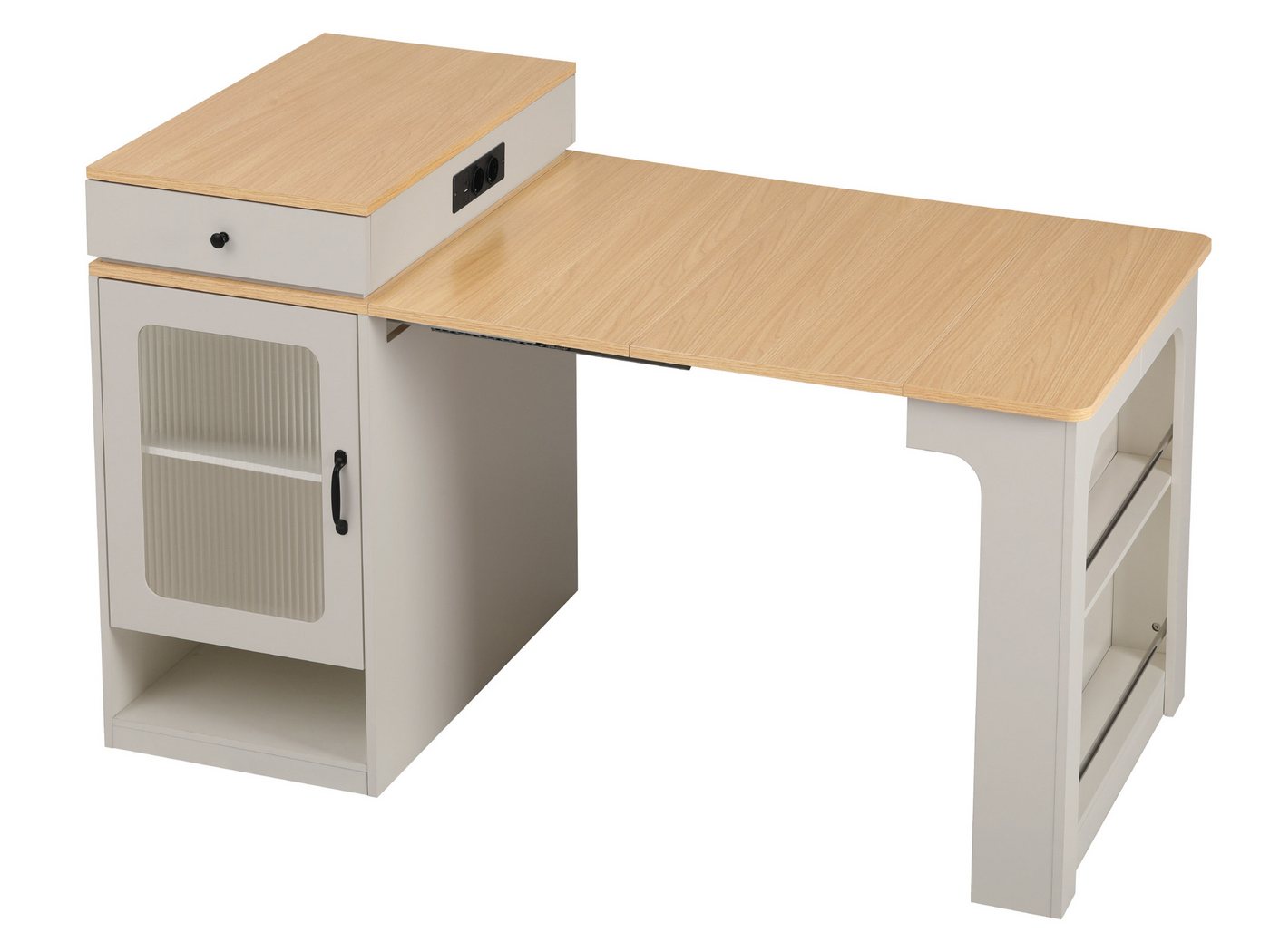 SeedWave Kücheninsel Allzweck Küchenschrank mit Ausziebarem Esstisch, Ladefunktion, 2 Schubladen, Ablagefächer mit höhenverstellbare Einlegeböden von SeedWave