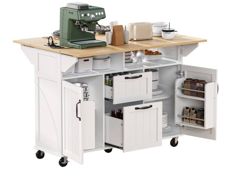 SeedWave Kücheninsel Auf Rollen, Klappbare Tischplatte mit Ladefunktion, Viel Stauraum, Küchenwagen inkl. 1 Abnehmbarer Handtuchhälter von SeedWave