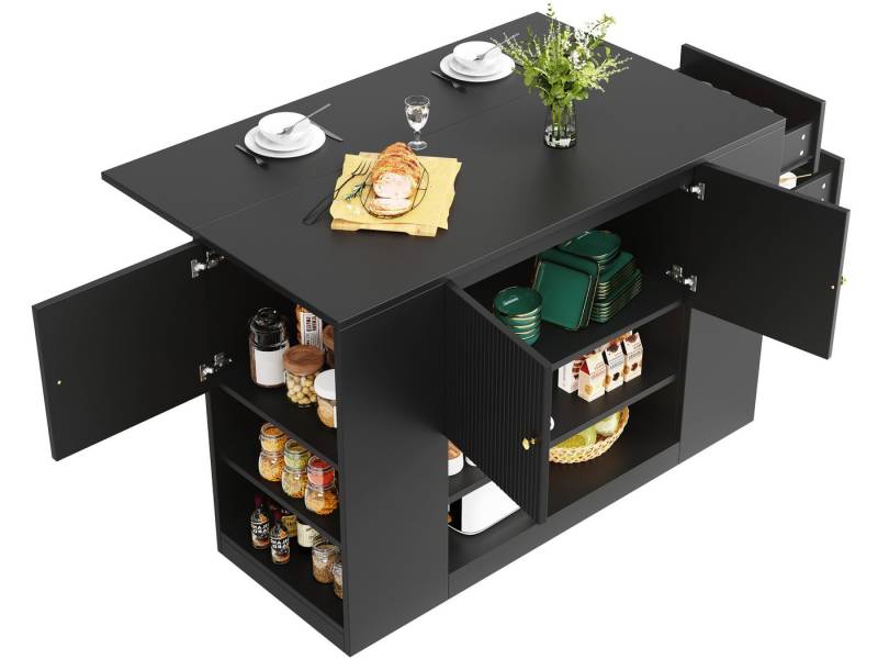 SeedWave Kücheninsel Freistehend Kochinsel Mehrzweck Sideboard mit Klappbarer Arbeitsplatte, Das Küchenschrank mit 1 höhenverstellbarer Einlegeboden von SeedWave