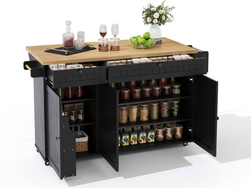 SeedWave Kücheninsel Rollwagen mit Klappbarer Tischplatte, 2 Schubladen, 6 Staufächern, Gewürzboard & Handtuchhalter, 2 höhenverstellbare Einlegeböden von SeedWave
