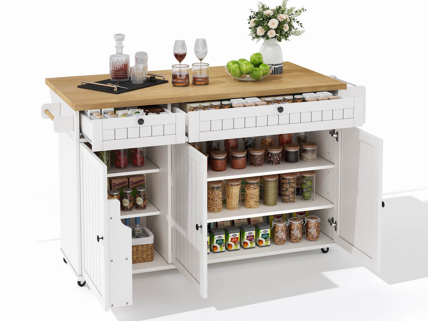 SeedWave Kücheninsel Rollwagen mit Klappbarer Tischplatte, 2 Schubladen, 6 Staufächern, Gewürzboard & Handtuchhalter, 2 höhenverstellbare Einlegeböden von SeedWave