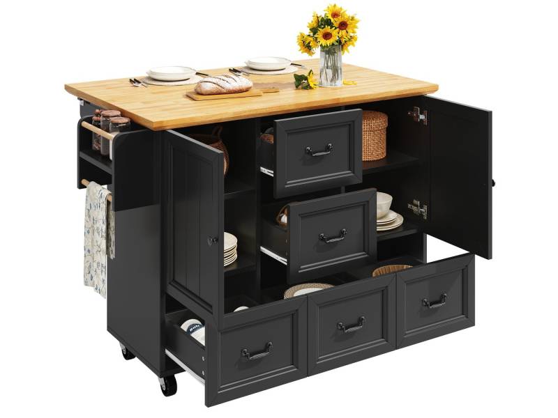SeedWave Kücheninsel Vielseitiger Rollwagen mit Klappbarer Tischplatte, Viel Stauraum, Davon 2 feststellbare Rollen, 2 höhenverstellbare Regale von SeedWave