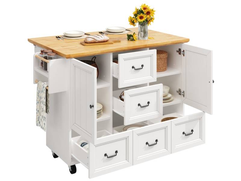 SeedWave Kücheninsel Vielseitiger Rollwagen mit Klappbarer Tischplatte, Viel Stauraum, Davon 2 feststellbare Rollen, 2 höhenverstellbare Regale von SeedWave
