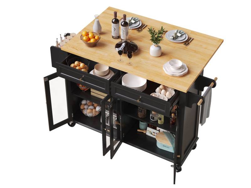 SeedWave Kücheninsel auf Rollen, Servierwagen mit Klappbarer Tischplatte, 4 Glastüren, 2 Schubladen, 4 geschlossene Fächer, 1 Gewürzboard, 2 Handtuchhalter SeedWave Kücheninsel auf Rollen, Servierwagen mit Klappbarer Tischplatte, 4 Glastüren, 2 Schubladen, 4 geschlossene Fächer, 1 Gewürzboard, 2 Handtuchhalter von SeedWave