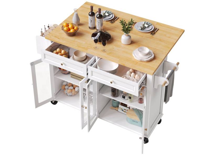 SeedWave Kücheninsel auf Rollen, Servierwagen mit Klappbarer Tischplatte, 4 Glastüren, 2 Schubladen, 4 geschlossene Fächer, 1 Gewürzboard, 2 Handtuchhalter SeedWave Kücheninsel auf Rollen, Servierwagen mit Klappbarer Tischplatte, 4 Glastüren, 2 Schubladen, 4 geschlossene Fächer, 1 Gewürzboard, 2 Handtuchhalter von SeedWave
