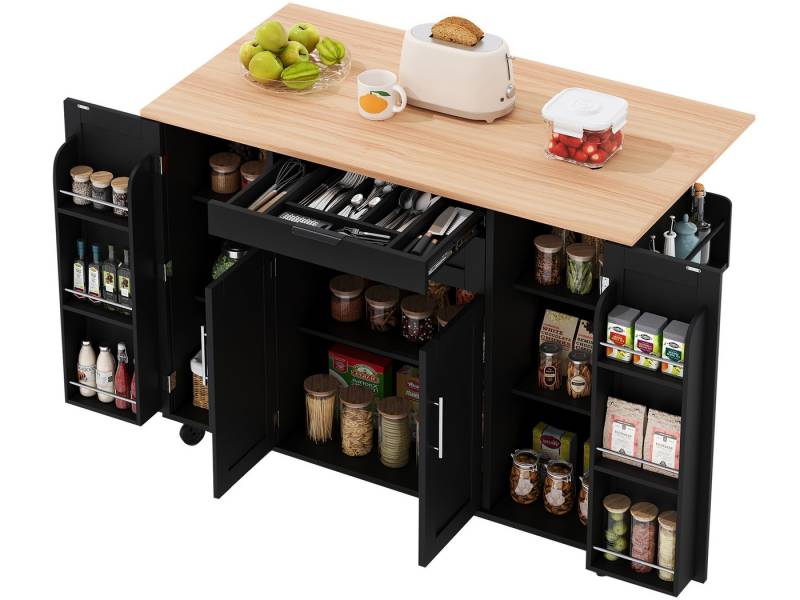 SeedWave Kücheninsel auf Rollen, mit Klappbarer Tischplatte, Besteckschublade, Staufächern, 1 Gewürzboard & Handtuchhalter, 3 höhenverstellbare Einlegeböden von SeedWave