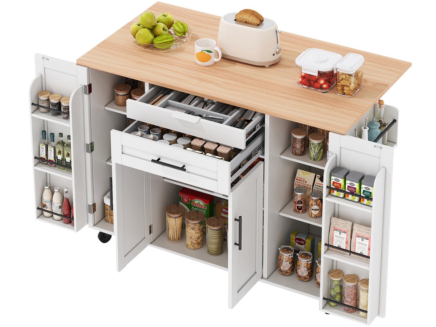SeedWave Kücheninsel auf Rollen, mit Klappbarer Tischplatte, Besteckschublade, Staufächern, 1 Gewürzboard & Handtuchhalter, 3 höhenverstellbare Einlegeböden von SeedWave