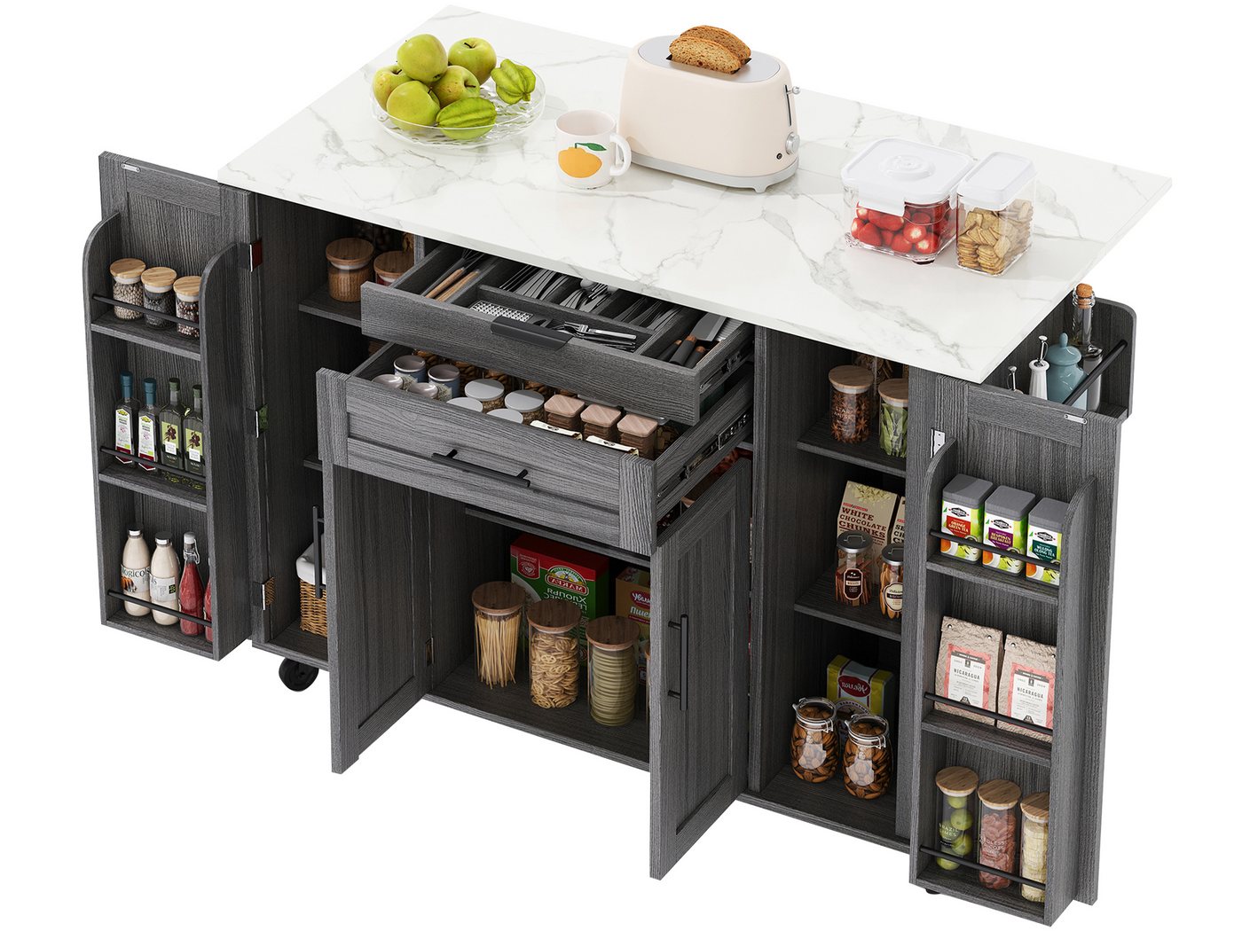 SeedWave Kücheninsel auf Rollen, mit Klappbarer Tischplatte, Besteckschublade, Staufächern, 1 Gewürzboard & Handtuchhalter, 3 höhenverstellbare Einlegeböden von SeedWave