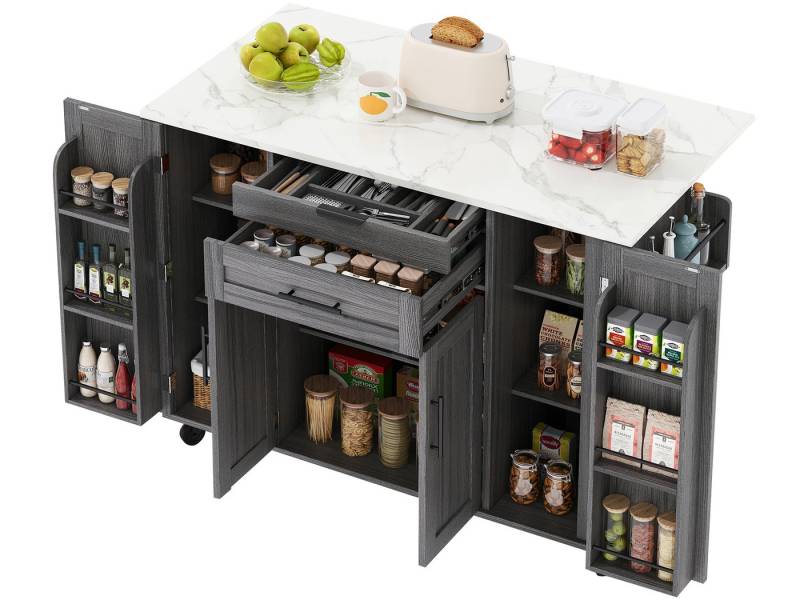 SeedWave Kücheninsel auf Rollen, mit Klappbarer Tischplatte, Besteckschublade, Staufächern, 1 Gewürzboard & Handtuchhalter, 3 höhenverstellbare Einlegeböden von SeedWave