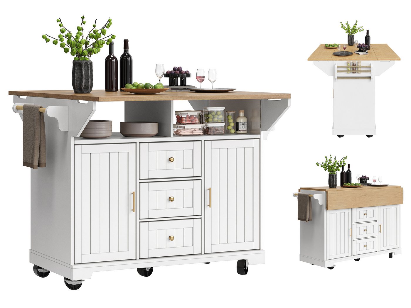 SeedWave Kücheninsel auf Rollen, mit beideseitigen klappbaren Tischplatten, Viel Stauraum, Davon 2 feststellbare Rollen, 2 höhenverstellbare Regale von SeedWave