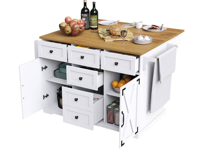 SeedWave Kücheninsel mit 120cm Klappbarer Tischplatte, 5 Schubladen, 2 Schranktüren, Davon 2 feststellbare Rollen, 2 höhenverstellbare Regale von SeedWave