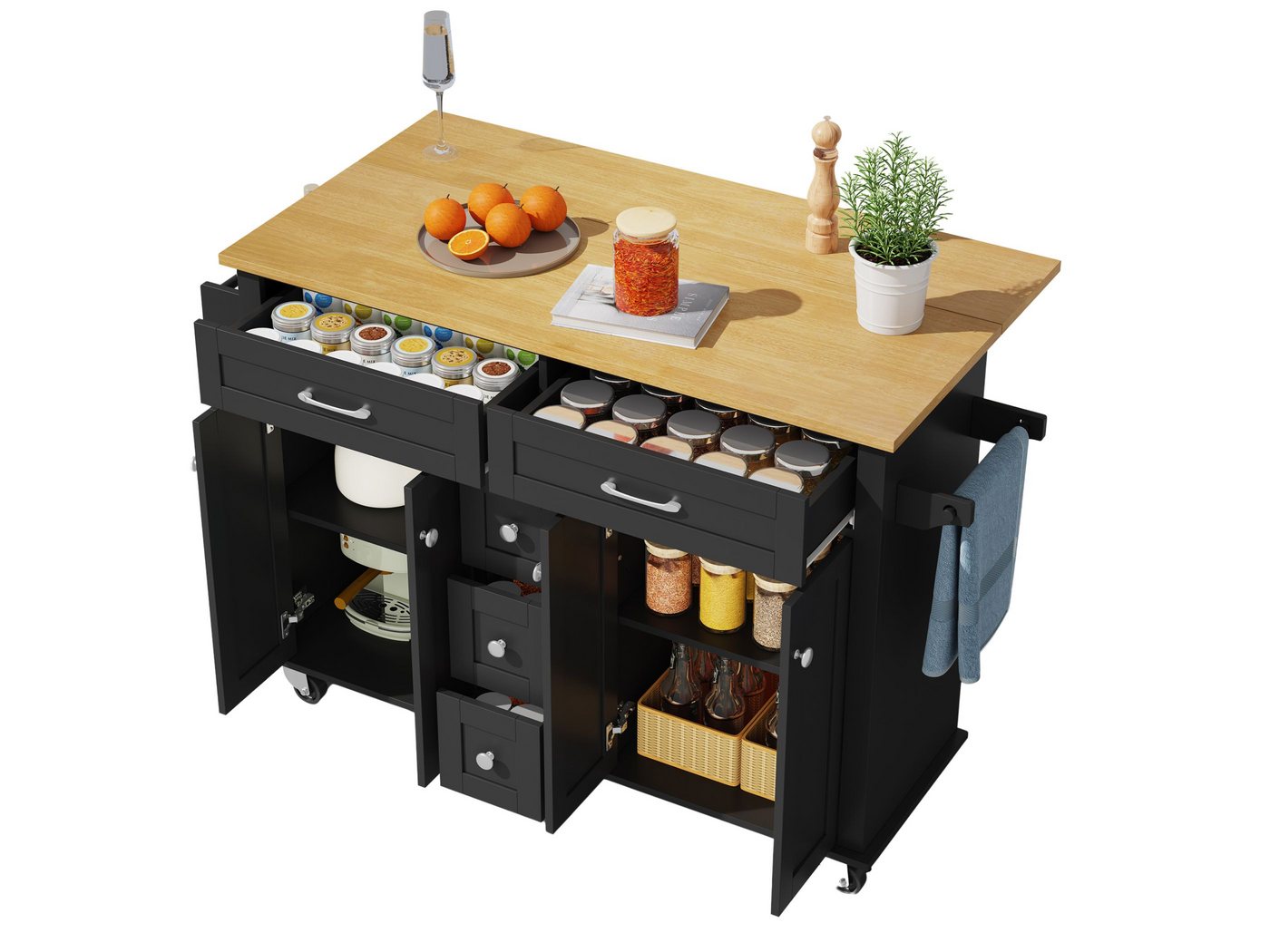 SeedWave Kücheninsel mit 65 cm klappbarer Tischplatte, 2 großen & 3 kleinen Schubladen, Stauschrank, Seitenregal & Handtuchhalter,Rollen mit Feststellfunktion SeedWave Kücheninsel mit 65 cm klappbarer Tischplatte, 2 großen & 3 kleinen Schubladen, Stauschrank, Seitenregal & Handtuchhalter,Rollen mit Feststellfunktion von SeedWave