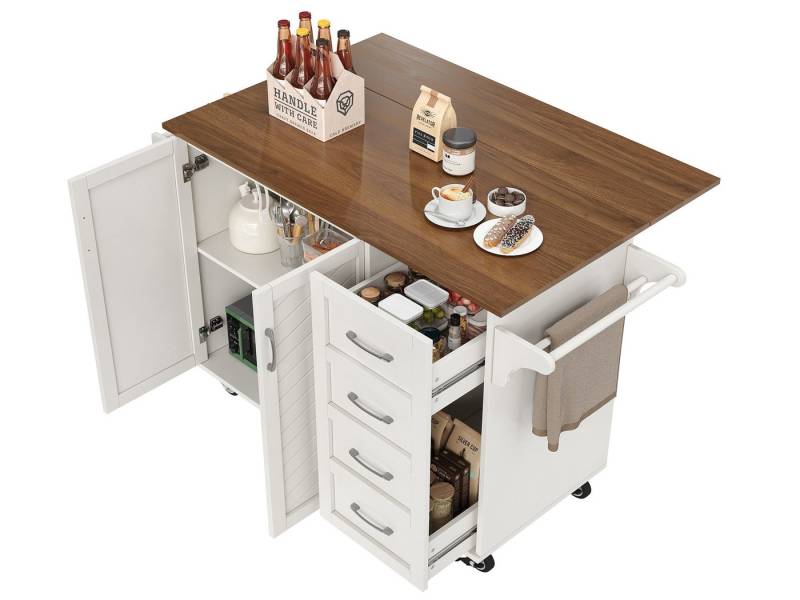 SeedWave Kücheninsel mit klappbarer Arbeitsplatte, Buffet-Schrank mit verstellbare Regale, 4 Schubladen, großes Staufach, 360° drehbare feststellbare Rollen von SeedWave