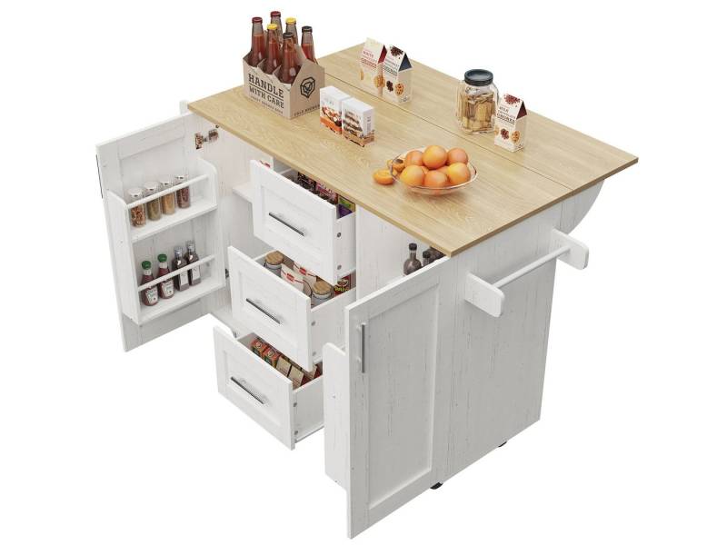 SeedWave Kücheninsel mit klappbarer Arbeitsplatte, verstellbaren Regalen, 3 Schubladen, Buffet-Schrank mit seitlichem Handtuchhalter,Türablagen von SeedWave