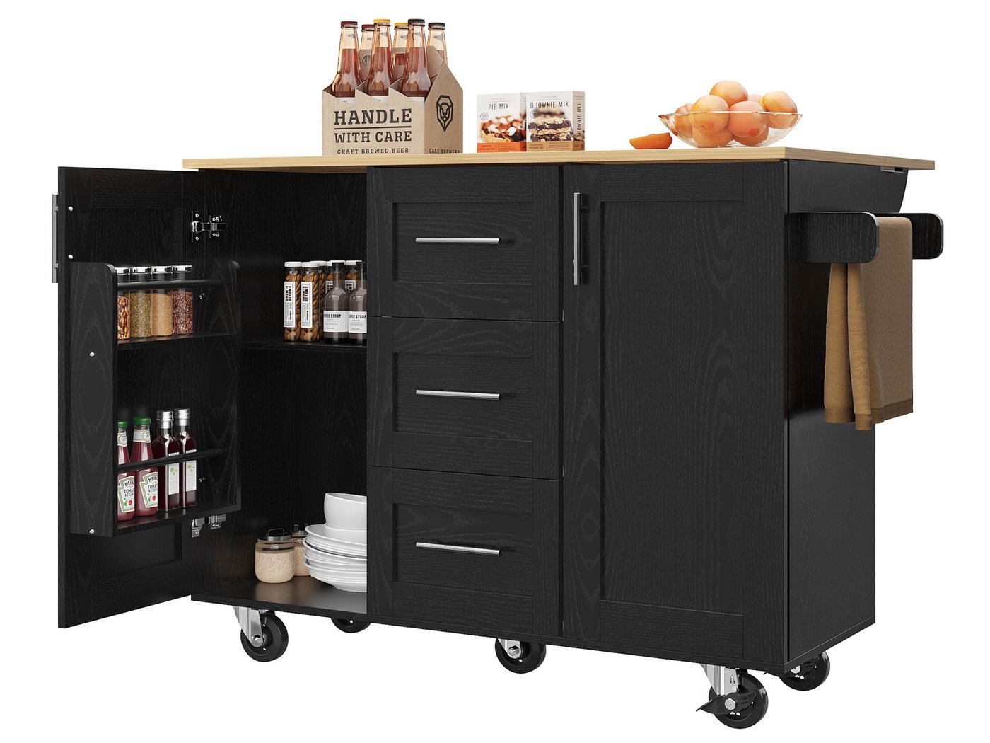 SeedWave Kücheninsel mit klappbarer Arbeitsplatte, verstellbaren Regalen, 3 Schubladen, Buffet-Schrank mit seitlichem Handtuchhalter,Türablagen von SeedWave