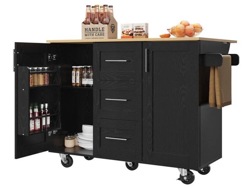 SeedWave Kücheninsel mit klappbarer Arbeitsplatte, verstellbaren Regalen, 3 Schubladen, Buffet-Schrank mit seitlichem Handtuchhalter,Türablagen von SeedWave