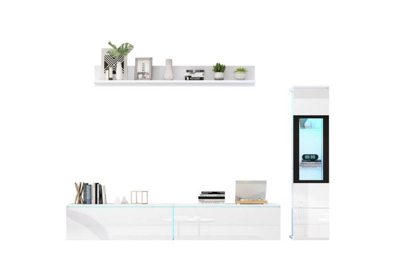 SeedWave Lowboard 3-Teilig TV-Set, LED Lowboard und Halbdurchsichtige Vitrine, Wandregal (Besteht aus TV-Lowboard×1, Vitrine×1, Wandregal×1), Lowboard und Vitrine aufgehängt oder stehend, 16 Licht-Farbe von SeedWave