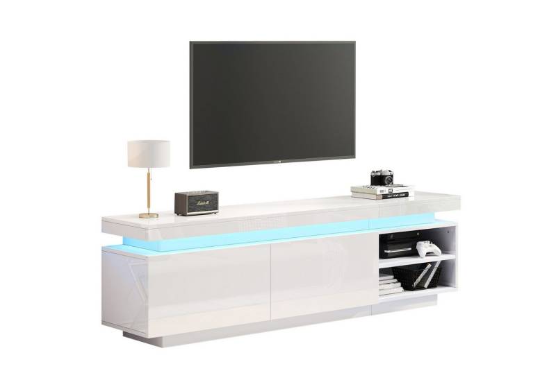 SeedWave Lowboard LED Hochglänzend Weiß TV Schrank mit 2 Türen und 2 Offenen Fächern, Einstellbare LED-Lichtern, 3 Löcher im Rücken für Kabels von SeedWave