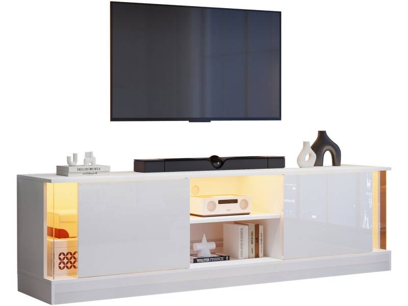 SeedWave Lowboard Moderner LED TV Schrank mit 2 Klapptüren nach unten, 2 offenen Fächern, Kabeldurchführung auf der Rück, Kippschutz-Set von SeedWave