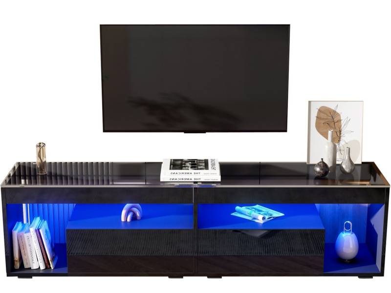 SeedWave Lowboard Moderner TV-Schrank mit LED-Beleuchtung, Glasplatte, 2 Schubladen, Mehre Ablageflächen, Hochglanz-Front von SeedWave