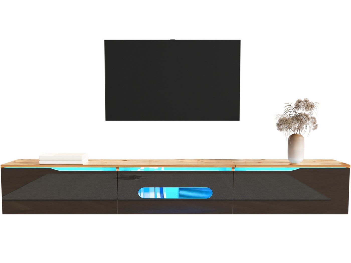 SeedWave Lowboard Modernes TV-Lowboard Stauschrank mit 3 Fächern, 3 Kabeldurchführungen, 3 Klapptüren mit Dämpfungscharnieren, Bodenstabil oder Wandmontierbar von SeedWave