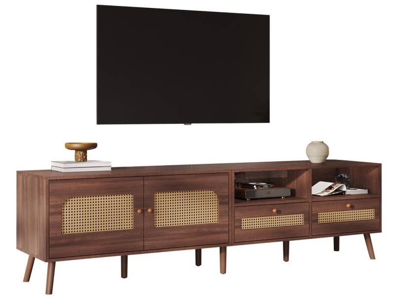 SeedWave Lowboard Retro TV-Schrank Fernsehschrank mit 2 Rattantüren, 2 Schubladen, Rechteckiges TV-Lowboard mit 2 offenen Ablagen, Kabeldurchführung von SeedWave