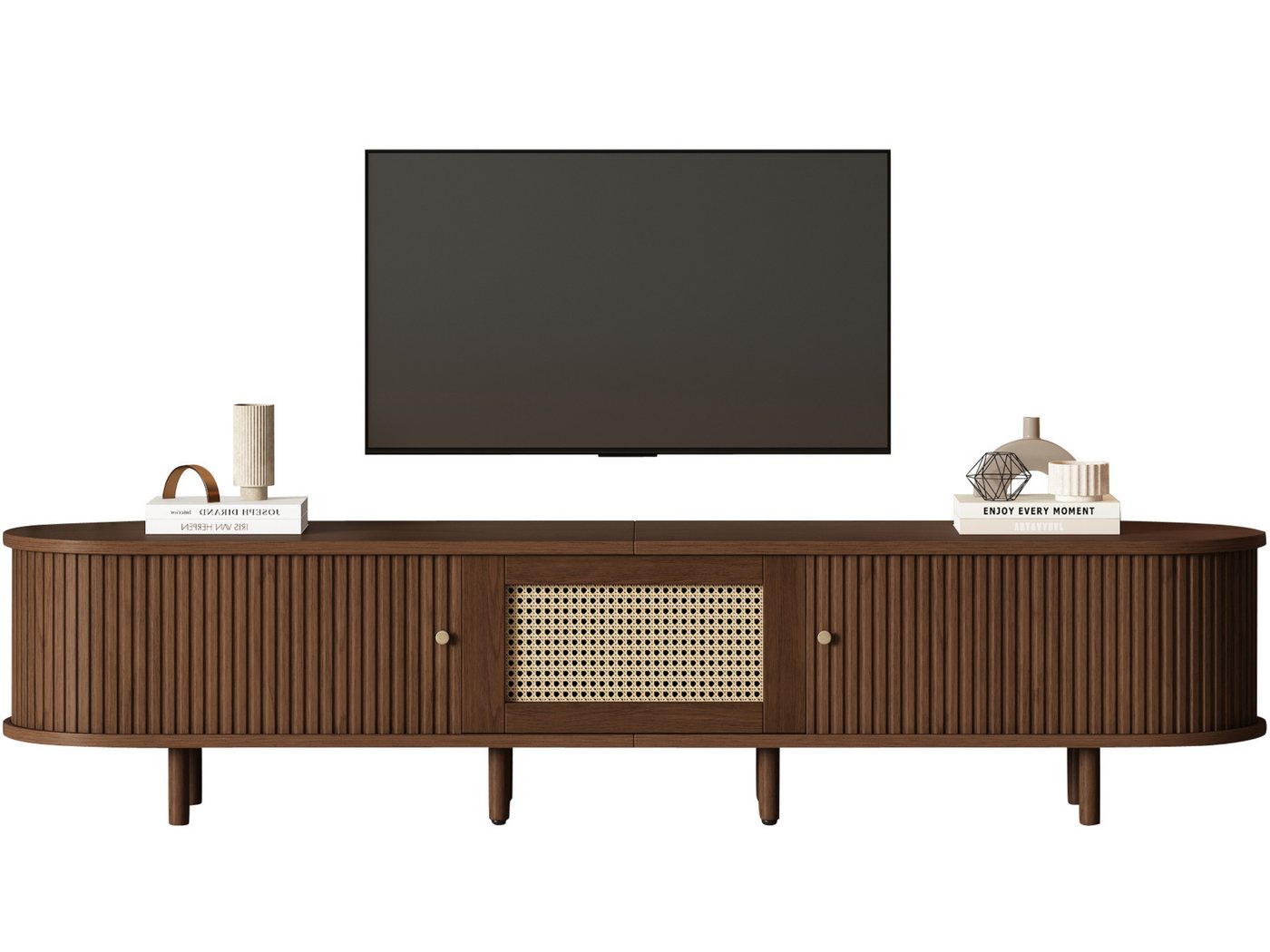 SeedWave Lowboard Retro TV Schrank Gestreifter TV Ständer mit Schiebetüren, Schublade, Schublade mit Kunststoff-Rattan, Vier verstellbare Füße SeedWave Lowboard Retro TV Schrank Gestreifter TV Ständer mit Schiebetüren, Schublade, Schublade mit Kunststoff-Rattan, Vier verstellbare Füße von SeedWave