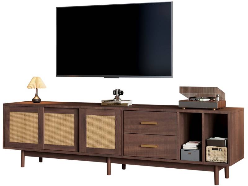 SeedWave Lowboard Retro TV-Schrank mit 3 Grifflosen Schranktüren in Rattan-Design, Fernsehtisch mit 2 rückseitigen Kabeldurchführungen von SeedWave