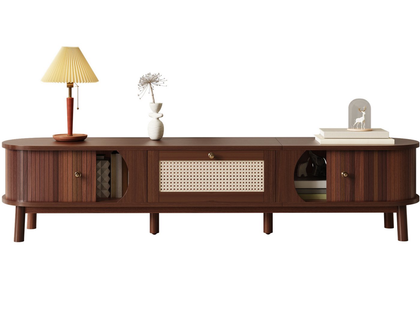 SeedWave Lowboard Retro Walnussholzfarbener TV Schrank mit 2 Schiebetüren, 1 Schublade, Geschmückte Rattanoberfläche, 2 Kabelslöcher auf der Rückseite SeedWave Lowboard Retro Walnussholzfarbener TV Schrank mit 2 Schiebetüren, 1 Schublade, Geschmückte Rattanoberfläche, 2 Kabelslöcher auf der Rückseite von SeedWave