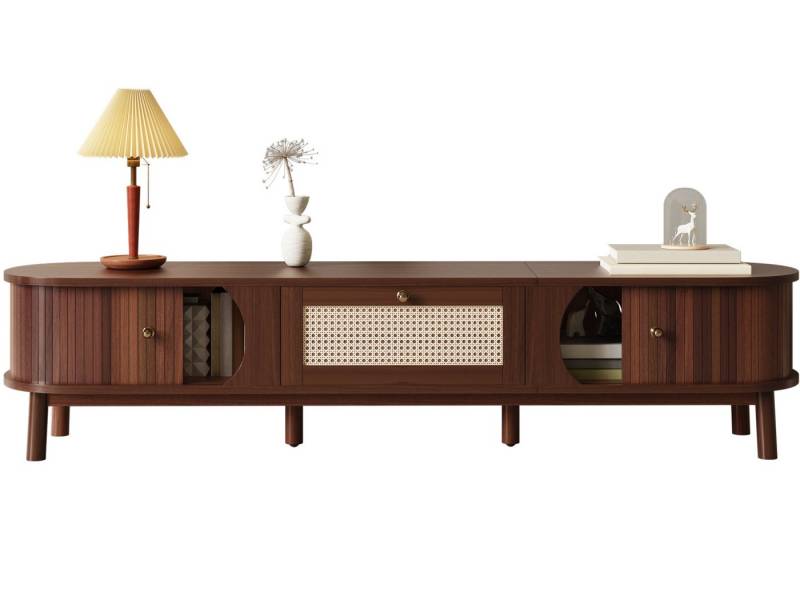 SeedWave Lowboard Retro Walnussholzfarbener TV Schrank mit 2 Schiebetüren, 1 Schublade, Geschmückte Rattanoberfläche, 2 Kabelslöcher auf der Rückseite SeedWave Lowboard Retro Walnussholzfarbener TV Schrank mit 2 Schiebetüren, 1 Schublade, Geschmückte Rattanoberfläche, 2 Kabelslöcher auf der Rückseite von SeedWave