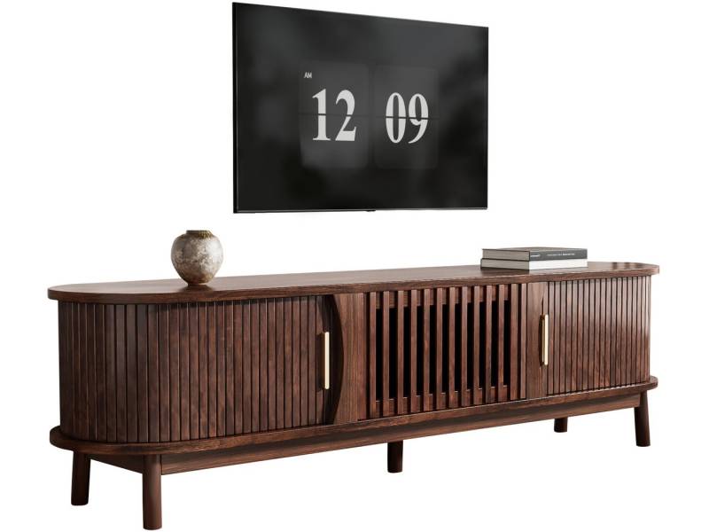 SeedWave Lowboard TV Schrank mit Luftiger Klapptür in Zäunen-Design, Kabeldurchführung, Fernsehschrank mit 6 Seitenfächern, 2 Schiebetüren, Kippschutz-Set von SeedWave