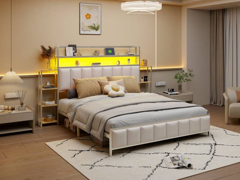 SeedWave Polsterbett Doppelbett mit LED-Stimmungslicht und Regal 140/160x200 cm, Polsterbett mit Massiver Eisenfuß, PU-Leder von SeedWave