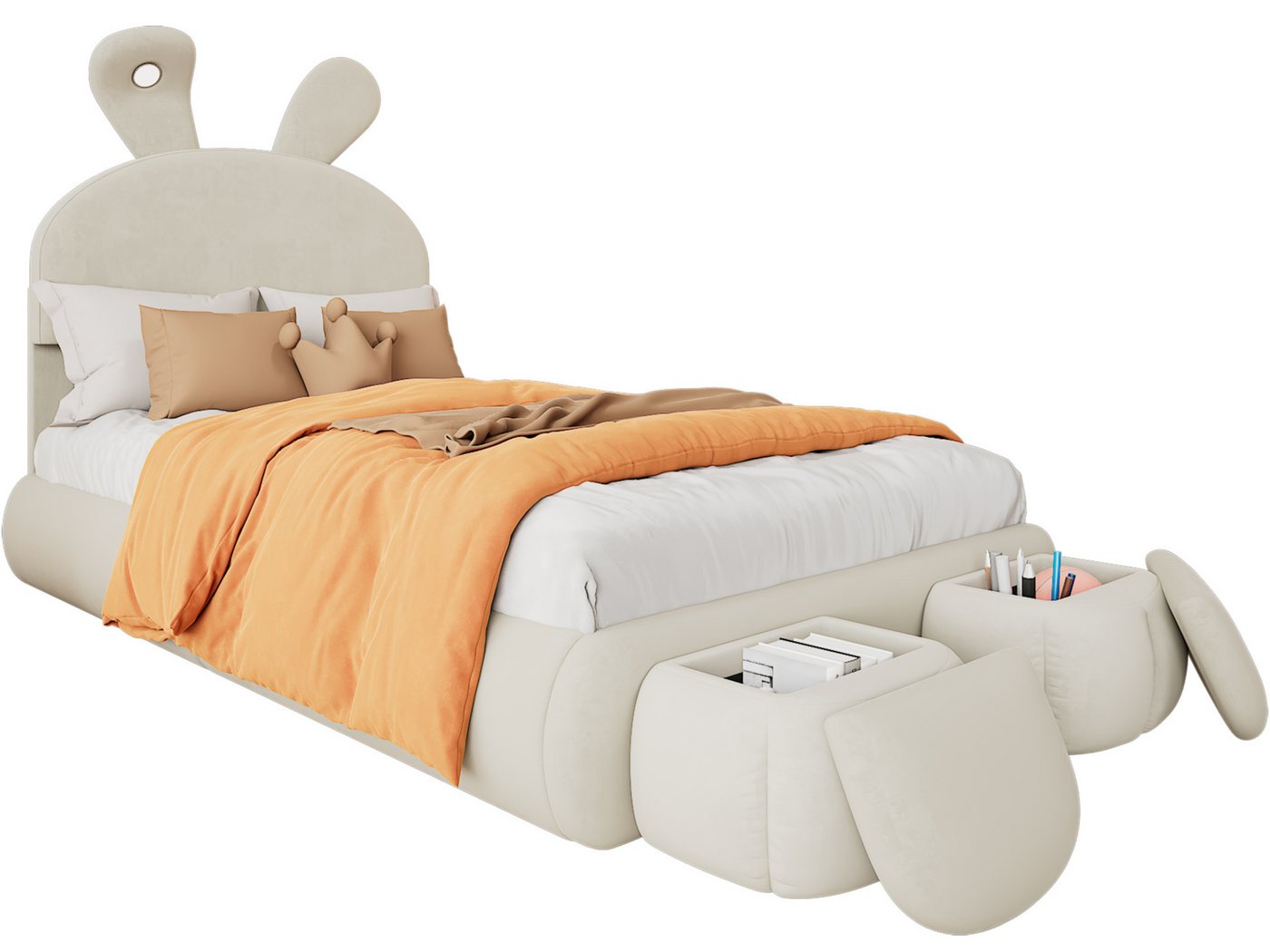 SeedWave Polsterbett LED Einzelbett Hasenohren-Design Holzbett mit Stauhockern, 90×200cm (1 Bett ohne Matratze mit 2 Hockern), Einstellbare LED-Beleuchtung, Höhenverstellbar Kopfteil von SeedWave