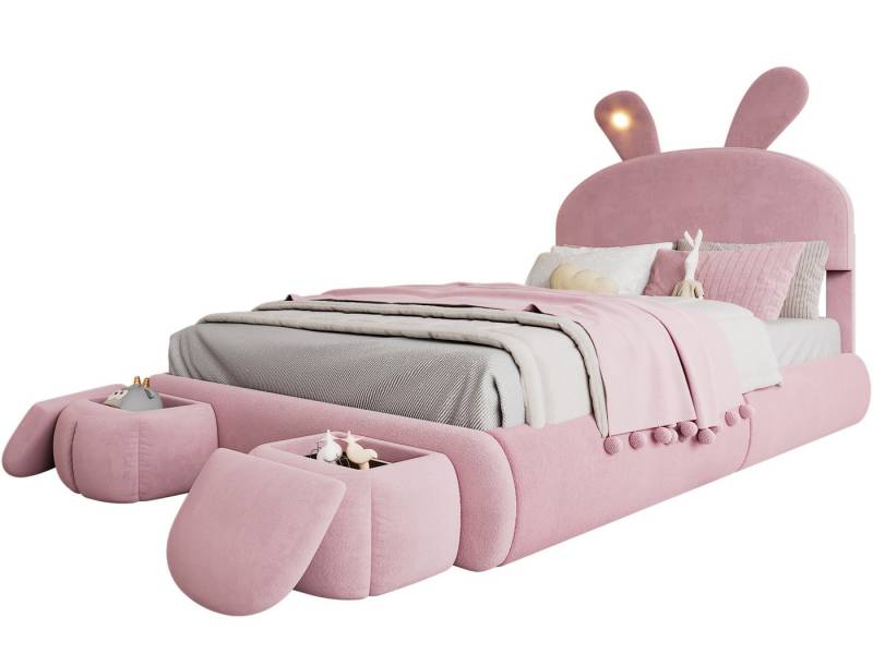 SeedWave Polsterbett LED Hydraulisch Stauraumbett Funktionsbettt mit Stauhockern, 140×200cm (1 Bett ohne Matratzen mit 2 Hocker), Das Doppelbett mit Höhenverstellbar Kopteil in 2 Stufen von SeedWave