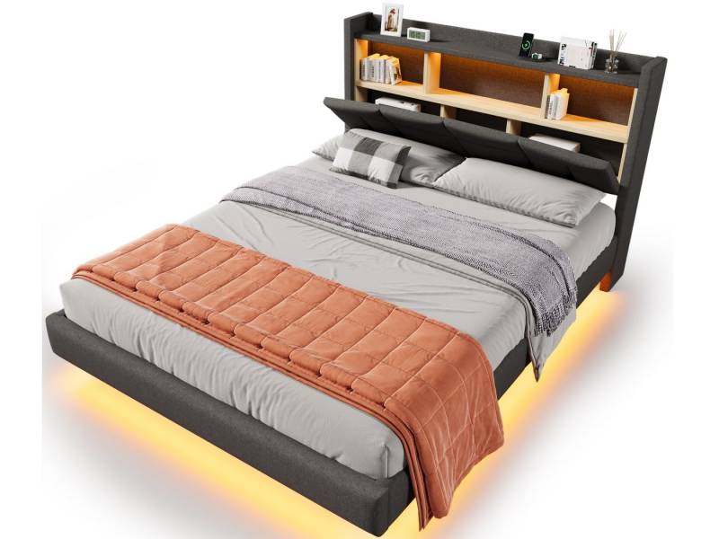 SeedWave Polsterbett LED Stauraumbett Funktion-Doppelbett in Schwebender Optik, 140×200cm, Klappen Rücklehne, Kopfteil mit LED-Beleuchtung und Steckdose von SeedWave
