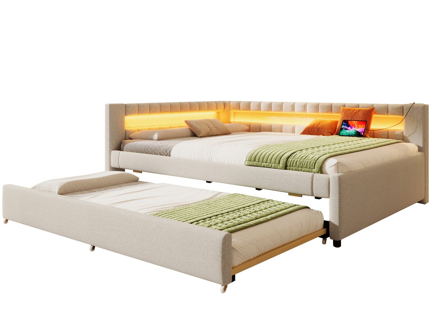 SeedWave Polsterbett LED Tagesbett Leinenbezug mit Ausziehbett, USB/Type-C-Anschlüssen, 140×200cm Doppelbett mit 2 offene Staufächern SeedWave Polsterbett LED Tagesbett Leinenbezug mit Ausziehbett, USB/Type-C-Anschlüssen, 140×200cm Doppelbett mit 2 offene Staufächern von SeedWave