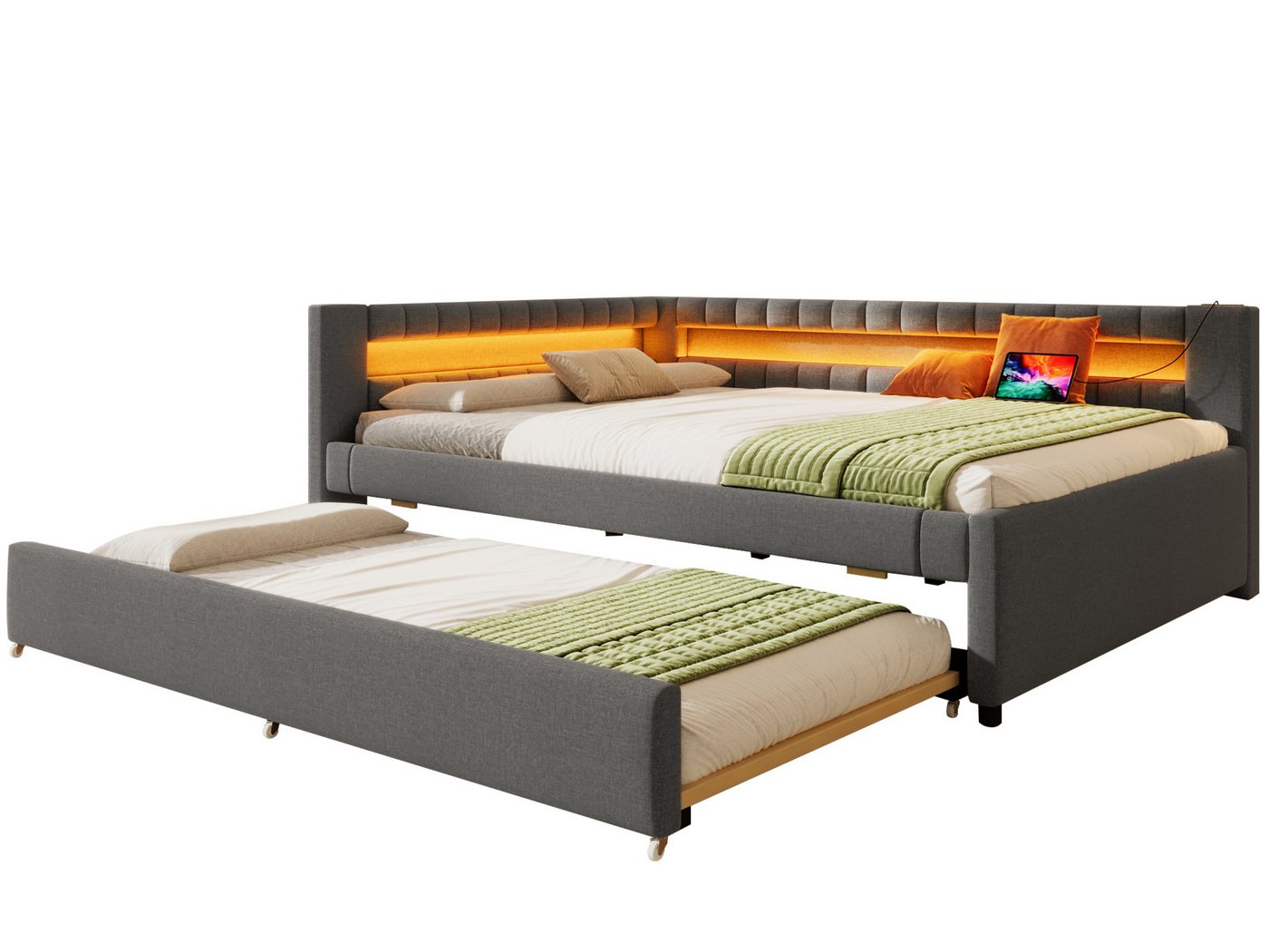 SeedWave Polsterbett LED Tagesbett Leinenbezug mit Ausziehbett, USB/Type-C-Anschlüssen, 140×200cm Doppelbett mit 2 offene Staufächern SeedWave Polsterbett LED Tagesbett Leinenbezug mit Ausziehbett, USB/Type-C-Anschlüssen, 140×200cm Doppelbett mit 2 offene Staufächern von SeedWave