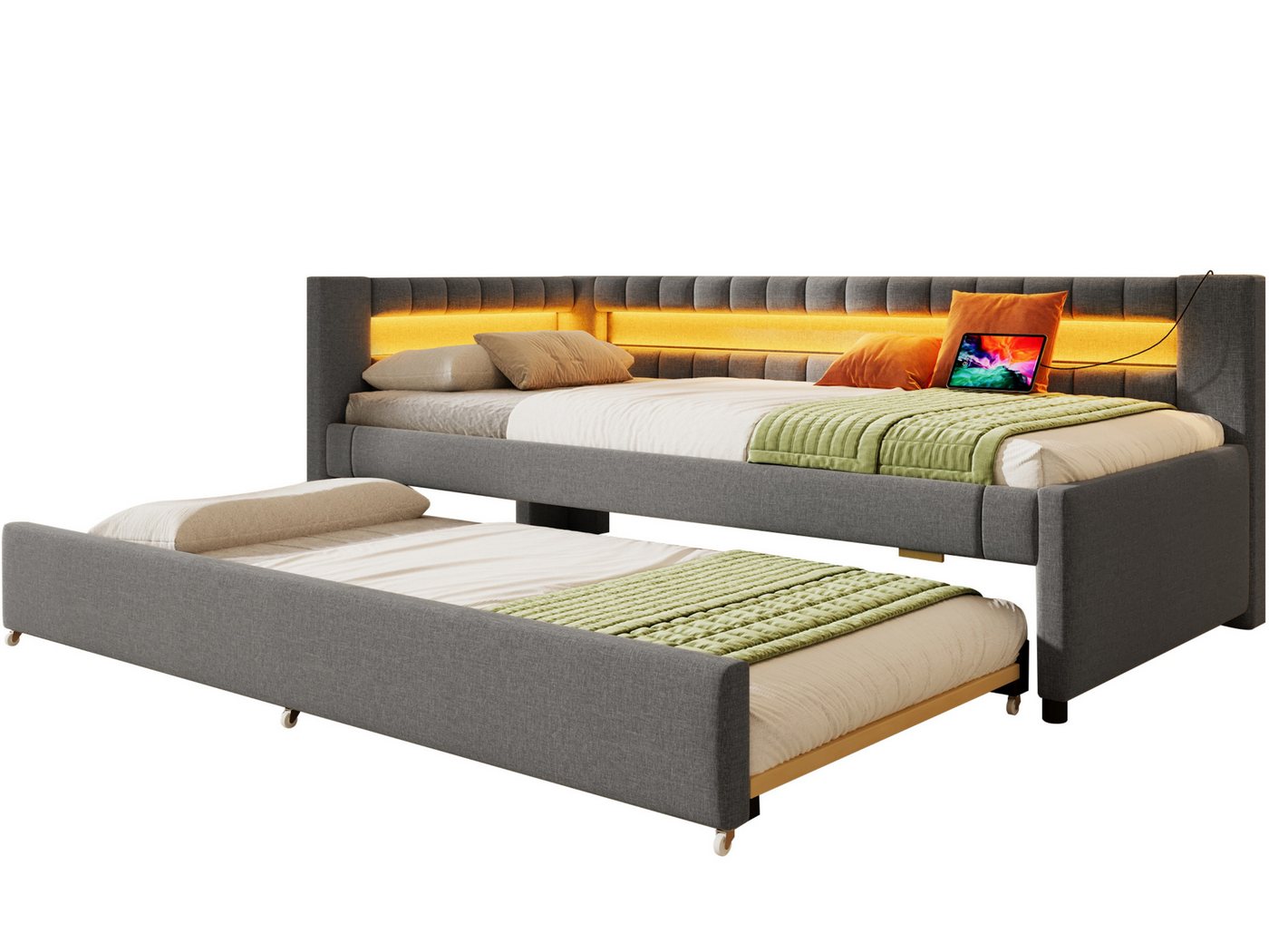 SeedWave Polsterbett LED Tagesbett Leinenbezug mit Ausziehbett, USB/Type-C-Anschlüssen, 90×200cm Einzelbett mit 2 offene Staufächern SeedWave Polsterbett LED Tagesbett Leinenbezug mit Ausziehbett, USB/Type-C-Anschlüssen, 90×200cm Einzelbett mit 2 offene Staufächern von SeedWave