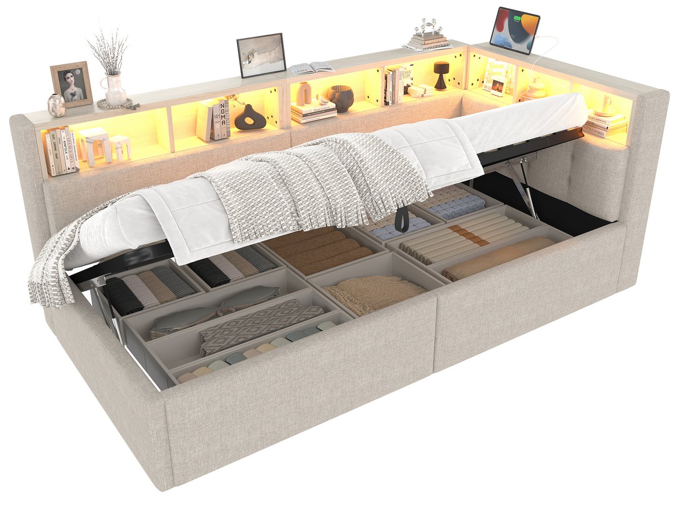 SeedWave Polsterbett LED Tagesbett mit Leinenstoff, Stauraum, Ladefunktion, 90×200cm, Gästebett inkl. seitliche Staufächer, versteckter Stauraum darunter SeedWave Polsterbett LED Tagesbett mit Leinenstoff, Stauraum, Ladefunktion, 90×200cm, Gästebett inkl. seitliche Staufächer, versteckter Stauraum darunter von SeedWave