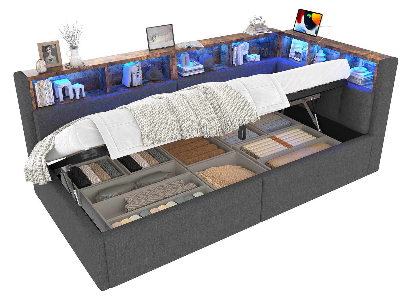 SeedWave Polsterbett LED Tagesbett mit Leinenstoff, Stauraum, Ladefunktion, 90×200cm, Gästebett inkl. seitliche Staufächer, versteckter Stauraum darunter SeedWave Polsterbett LED Tagesbett mit Leinenstoff, Stauraum, Ladefunktion, 90×200cm, Gästebett inkl. seitliche Staufächer, versteckter Stauraum darunter von SeedWave