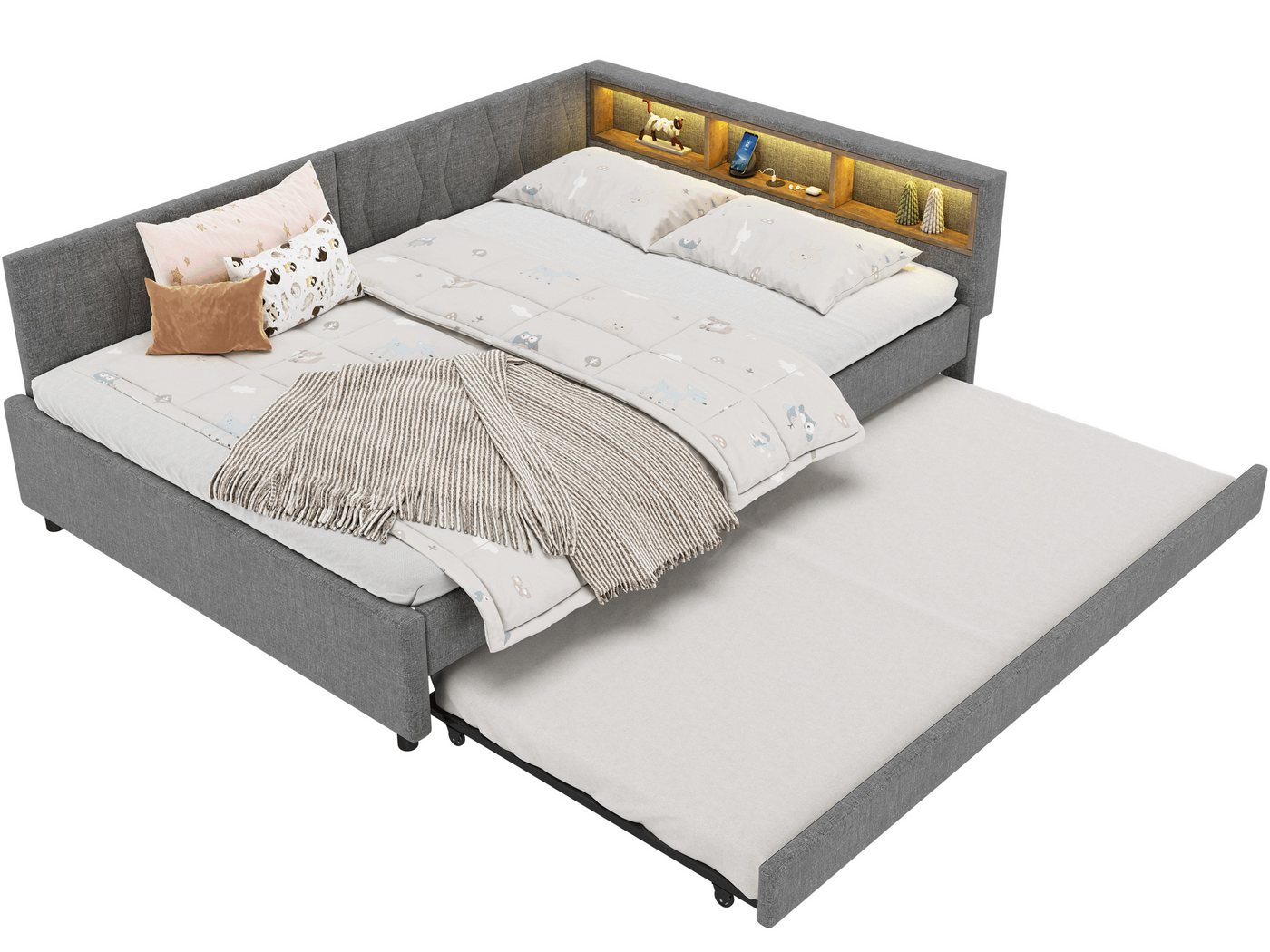SeedWave Polsterbett Leinen Bezug Tagesbett mit 1 Ausziehbett, USB&Type C Anschlüssen, Gästebett 140x200cm mit 3 Staufächern, LED-Beleuchtung am Kopfteil SeedWave Polsterbett Leinen Bezug Tagesbett mit 1 Ausziehbett, USB&Type C Anschlüssen, Gästebett 140x200cm mit 3 Staufächern, LED-Beleuchtung am Kopfteil von SeedWave