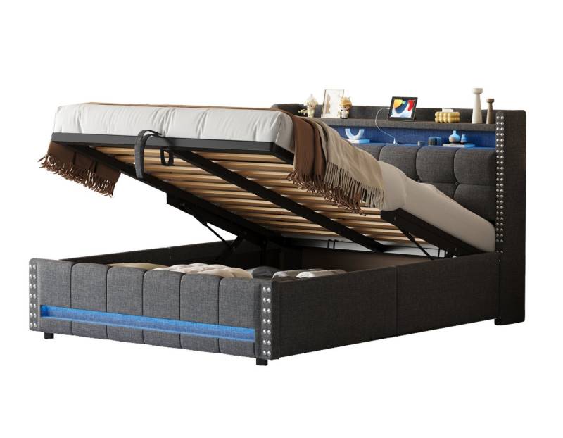 SeedWave Polsterbett Leinen Doppelbett mit LED-Ambientebeleuchtung und USB-Anschluss, Stauraumbett mit Stauraum unter dem Bett 140 x 200cm von SeedWave