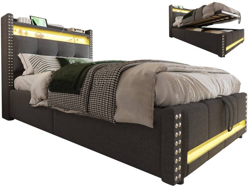 SeedWave Polsterbett Leinen Hydraulisches Stauraumbett mit LED-Beleuchtung, USB-Anschluss, 140 x 200cm Boxspringbett mit versteckter Stauraum von SeedWave