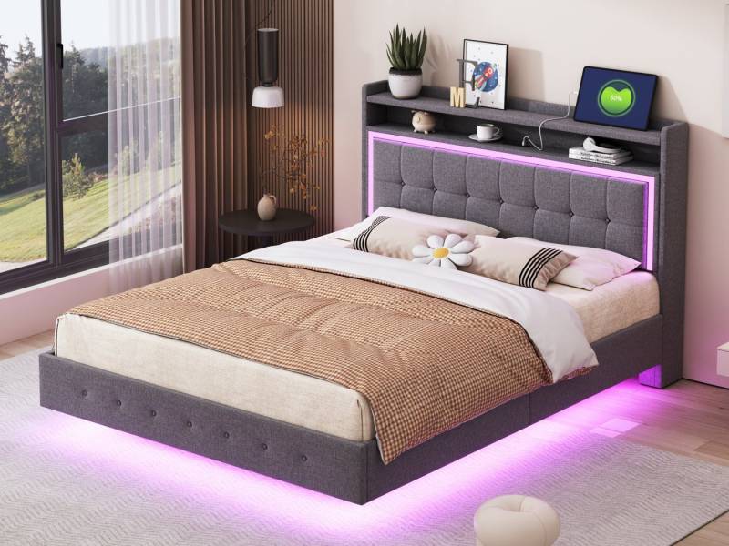 SeedWave Polsterbett Leinenstoff-Polsterbett mit Schwebendes Design 140/160x200 cm, Doppelbett mit USB-Ladeanschluss und LED-Farbwechsel-Lichtleiste von SeedWave