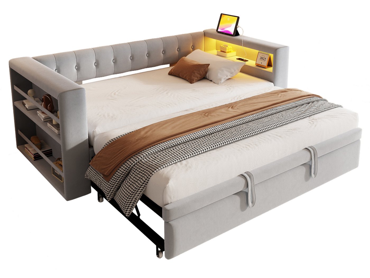 SeedWave Polsterbett Modernes LED Tagesbett mit Ausziehbett, Ladefunktion, 90-180 × 190cm, Gästebett beinhaltet Ablagen an beiden Seiten SeedWave Polsterbett Modernes LED Tagesbett mit Ausziehbett, Ladefunktion, 90-180 × 190cm, Gästebett beinhaltet Ablagen an beiden Seiten von SeedWave